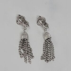 Vintage Crown Trifari 1950-60s Signed Silver Tassel Clip on Earrings Excellent